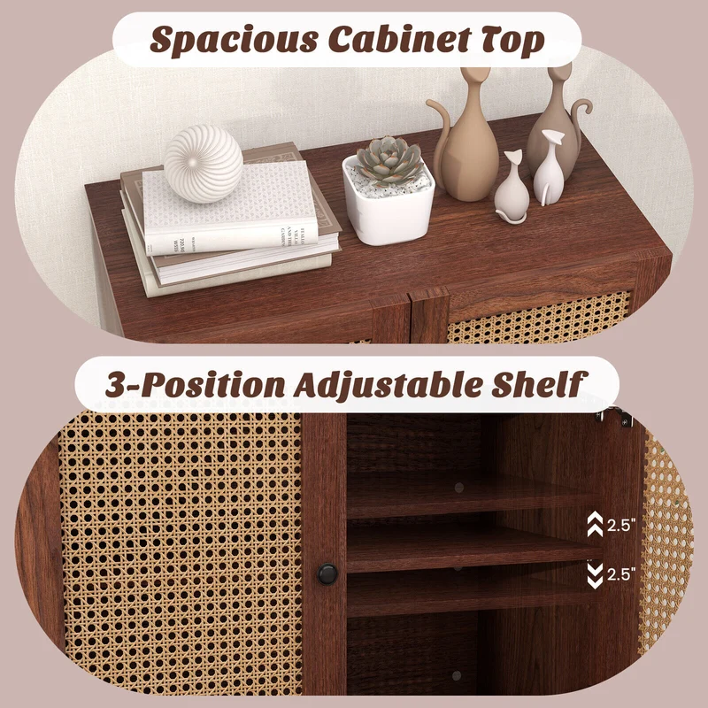Kitchen Sideboard With 2 Rattan Doors, Adjustable Shelf, Walnut