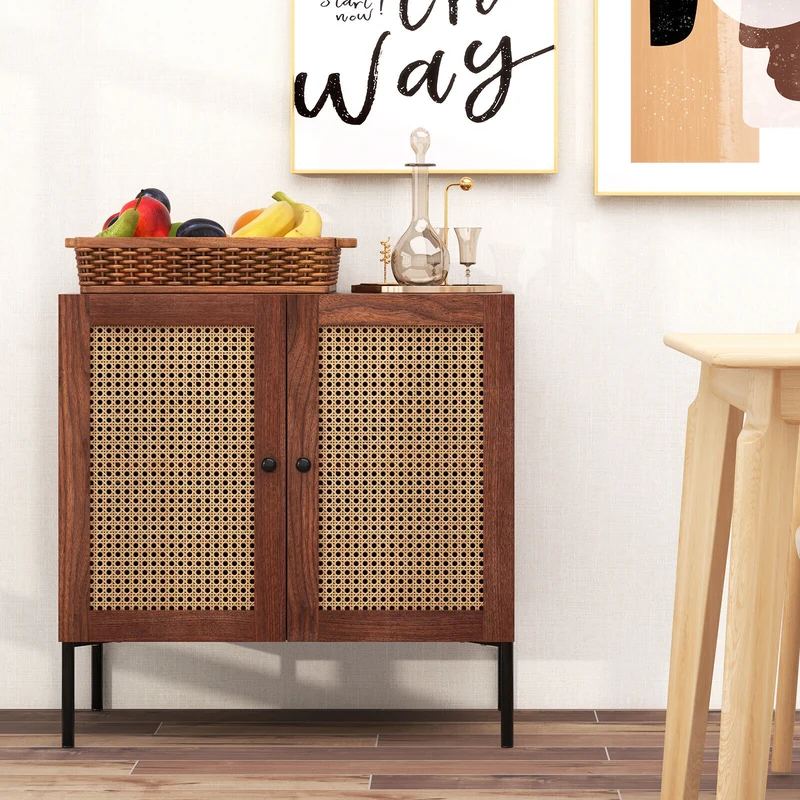 Kitchen Sideboard With 2 Rattan Doors, Adjustable Shelf, Walnut