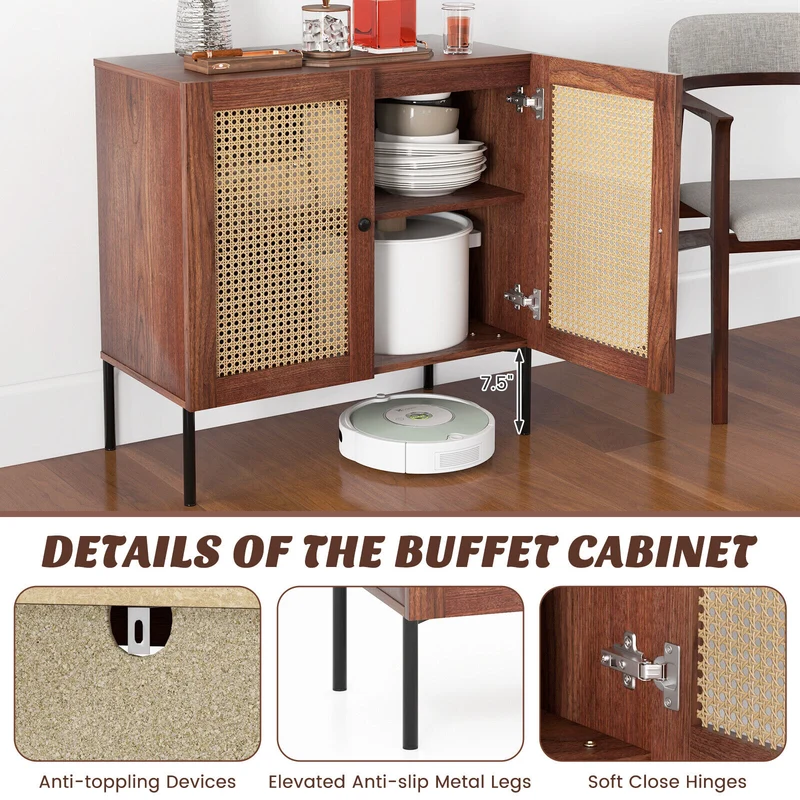 Kitchen Sideboard With 2 Rattan Doors, Adjustable Shelf, Walnut
