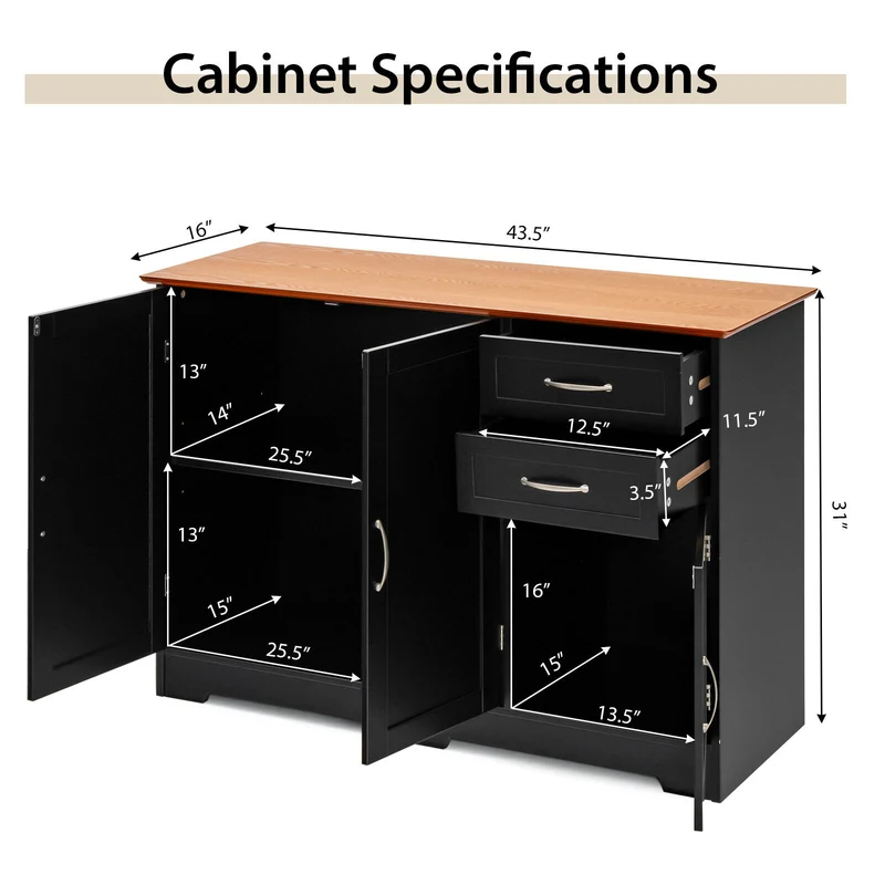 Buffet Storage Cabinet, 2-Door 2-Drawer, Black