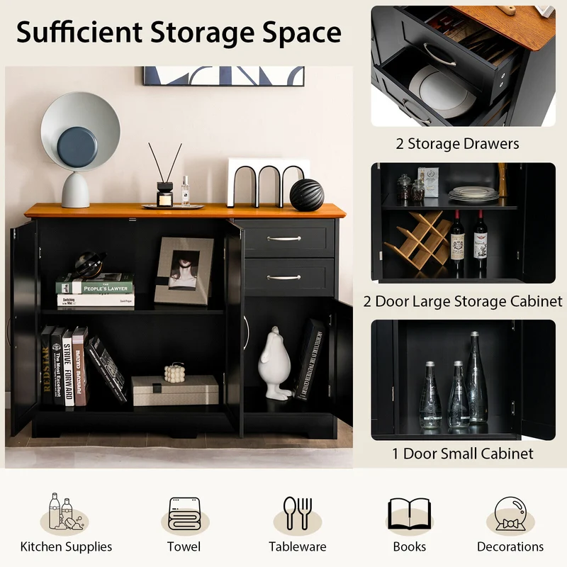 Buffet Storage Cabinet, 2-Door 2-Drawer, Black