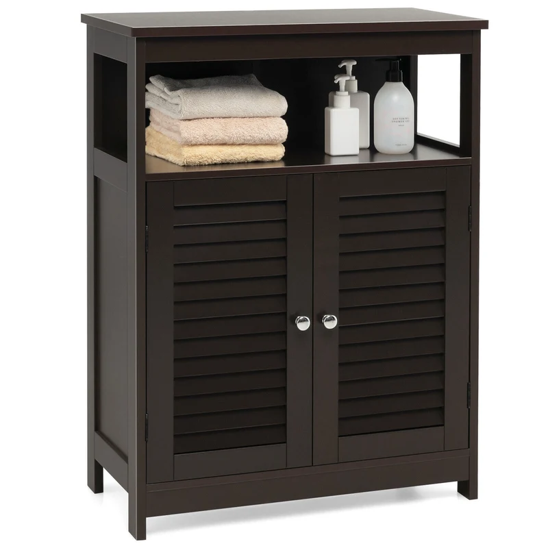 Wood Freestanding Bathroom Storage Cabinet, Double Shutter Door, Brown