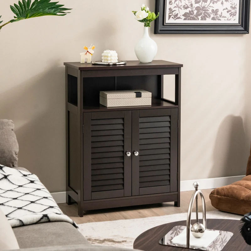 Wood Freestanding Bathroom Storage Cabinet, Double Shutter Door, Brown
