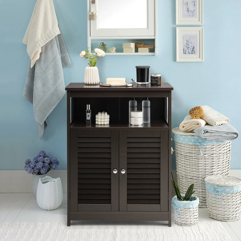 Wood Freestanding Bathroom Storage Cabinet, Double Shutter Door, Brown