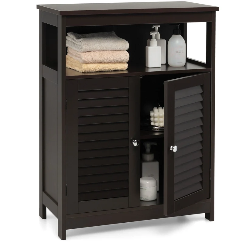 Wood Freestanding Bathroom Storage Cabinet, Double Shutter Door, Brown