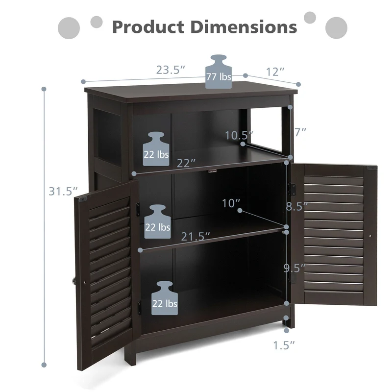 Wood Freestanding Bathroom Storage Cabinet, Double Shutter Door, Brown