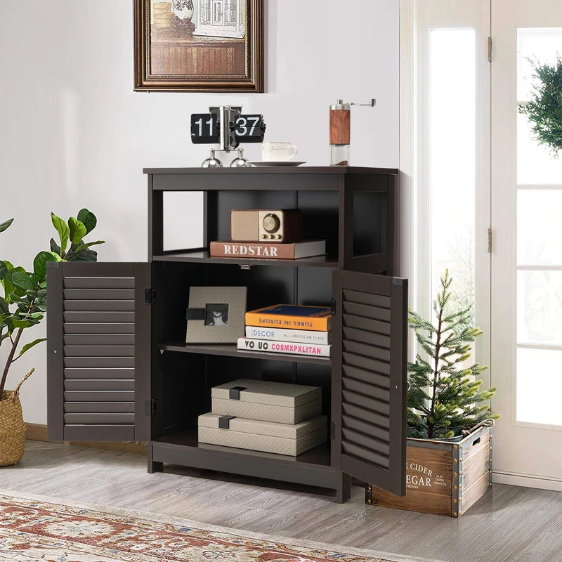 Wood Freestanding Bathroom Storage Cabinet, Double Shutter Door, Brown