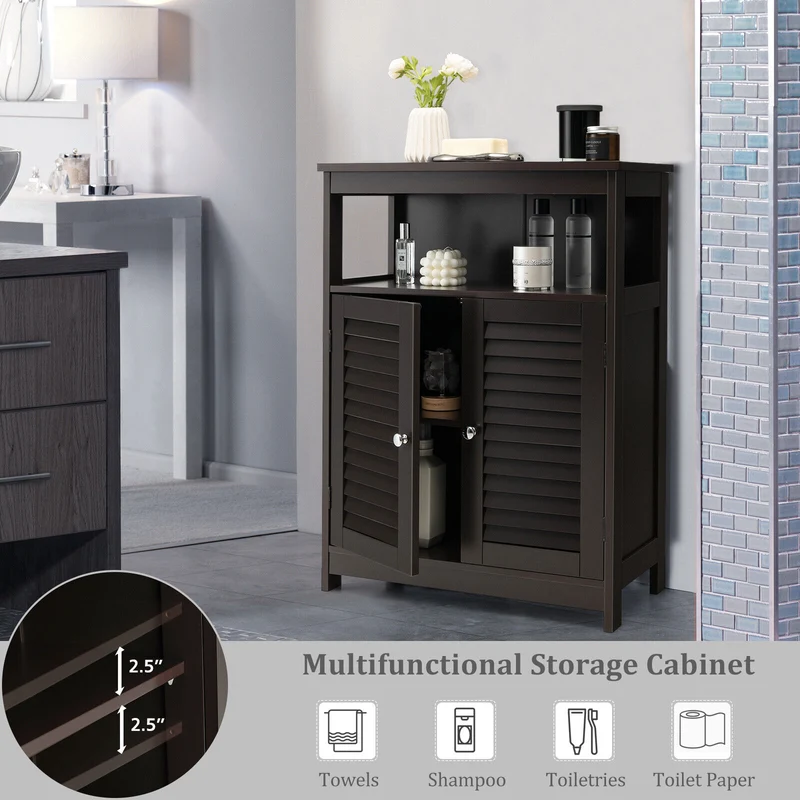 Wood Freestanding Bathroom Storage Cabinet, Double Shutter Door, Brown