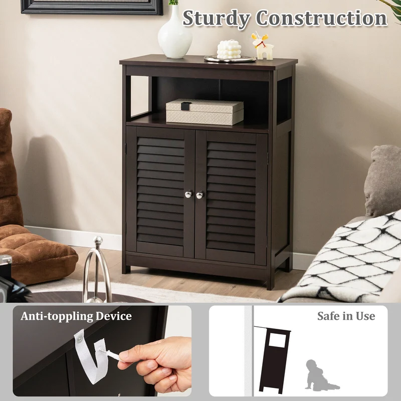 Wood Freestanding Bathroom Storage Cabinet, Double Shutter Door, Brown