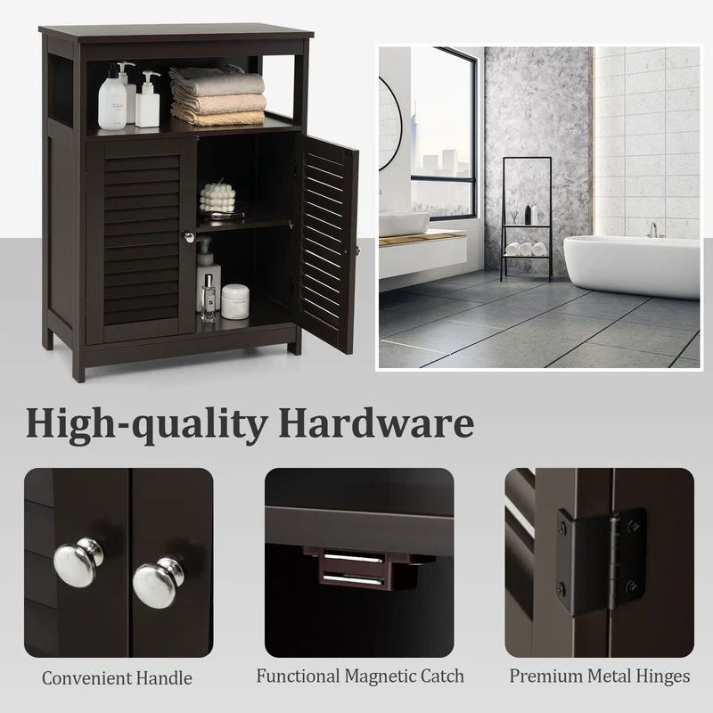 Wood Freestanding Bathroom Storage Cabinet, Double Shutter Door, Brown