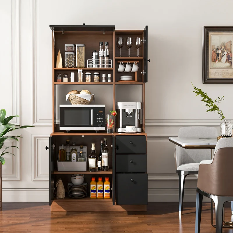 71 Inch Kitchen Pantry, 3 Storage Cabinet, 3 Deep Drawers, Walnut