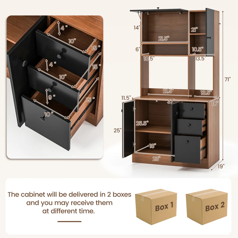 71 Inch Kitchen Pantry, 3 Storage Cabinet, 3 Deep Drawers, Walnut
