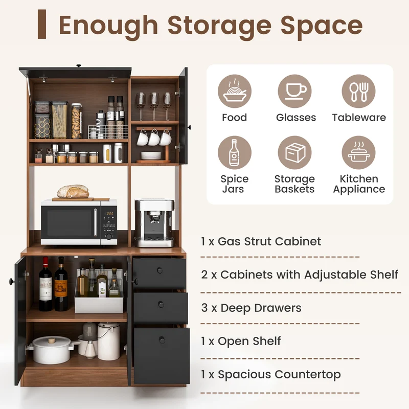 71 Inch Kitchen Pantry, 3 Storage Cabinet, 3 Deep Drawers, Walnut