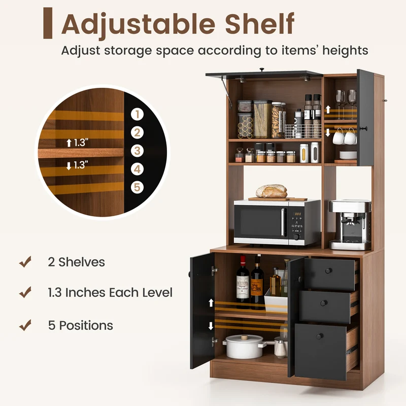 71 Inch Kitchen Pantry, 3 Storage Cabinet, 3 Deep Drawers, Walnut