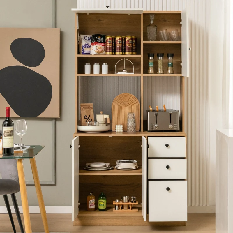 71 Inch Kitchen Pantry, 3 Storage Cabinet, 3 Deep Drawers, White