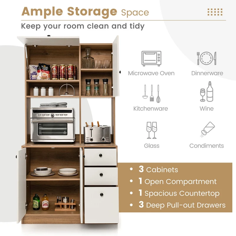 71 Inch Kitchen Pantry, 3 Storage Cabinet, 3 Deep Drawers, White