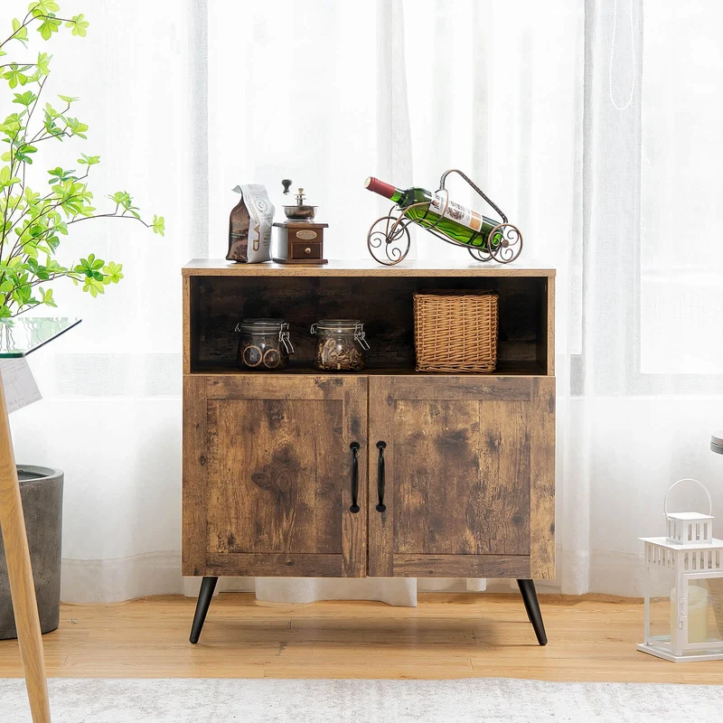 Mid-Century Wooden Storage Cabinet, Wine Glass Holders, Rustic Brown