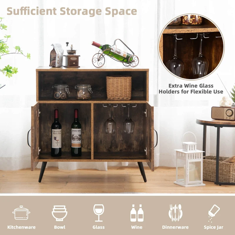 Mid-Century Wooden Storage Cabinet, Wine Glass Holders, Rustic Brown