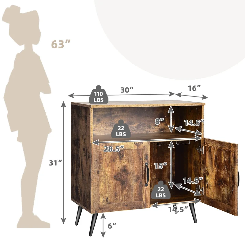 Mid-Century Wooden Storage Cabinet, Wine Glass Holders, Rustic Brown