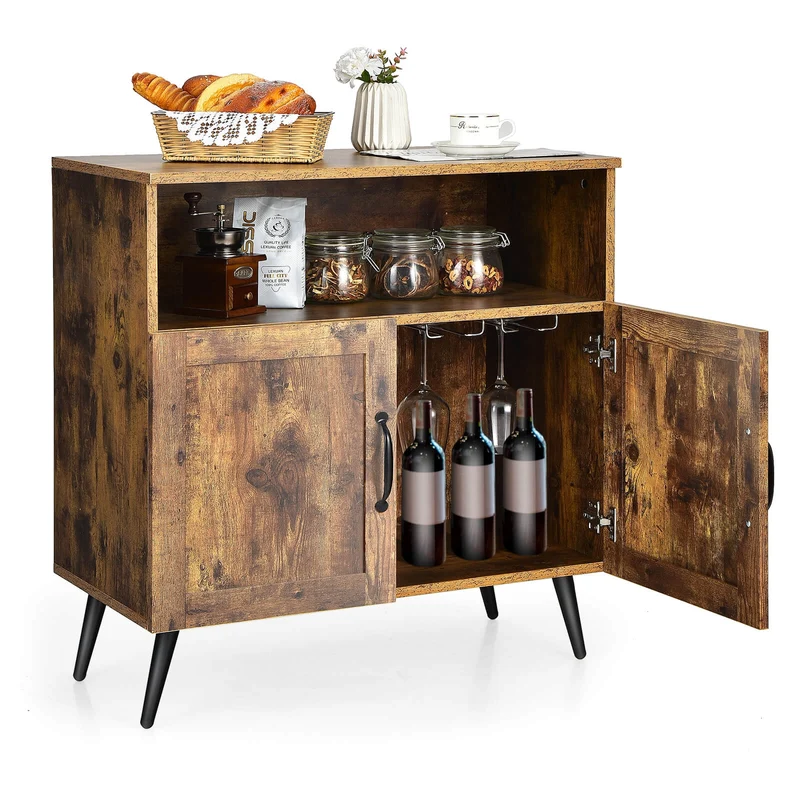 Mid-Century Wooden Storage Cabinet, Wine Glass Holders, Rustic Brown