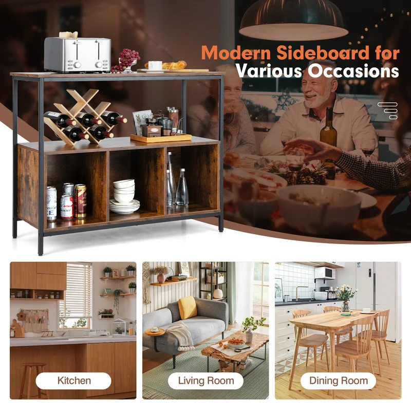 Modern Kitchen Buffet Sideboard, 3 Compartments, Rustic Brown