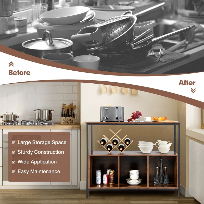 Modern Kitchen Buffet Sideboard, 3 Compartments, Rustic Brown
