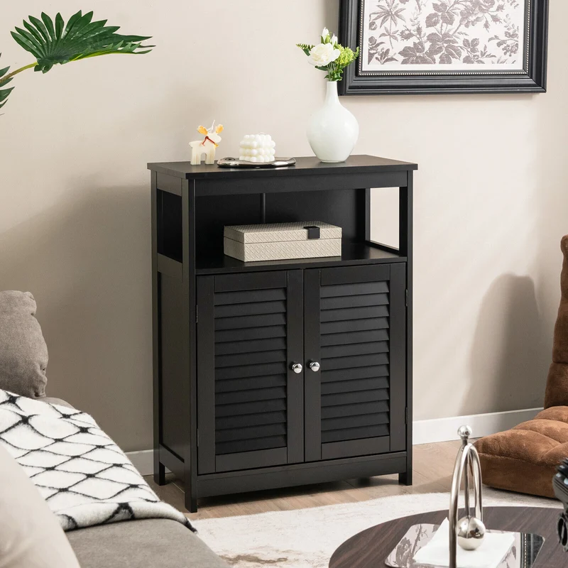 Wood Freestanding Bathroom Storage Cabinet, Double Shutter Door, Black