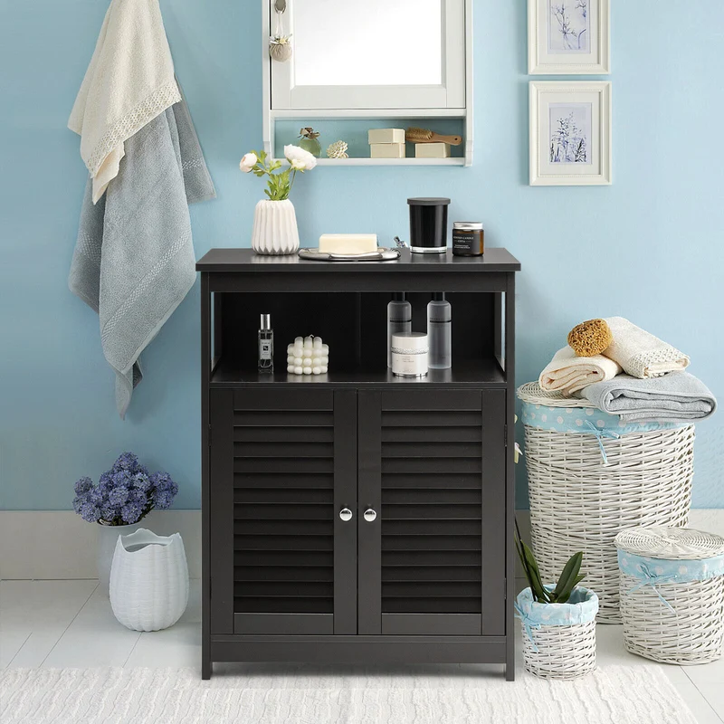 Wood Freestanding Bathroom Storage Cabinet, Double Shutter Door, Black