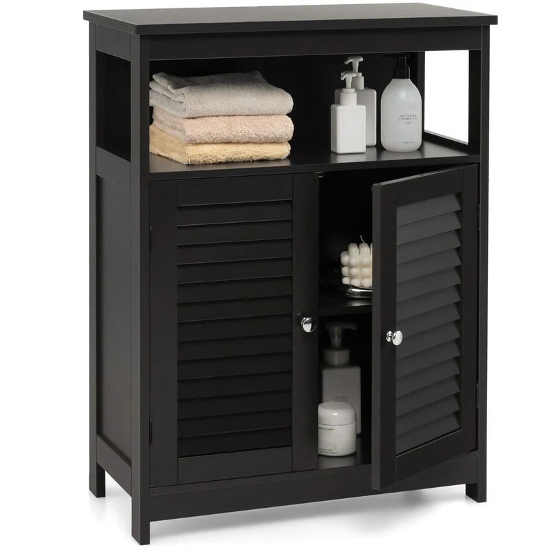 Wood Freestanding Bathroom Storage Cabinet, Double Shutter Door, Black