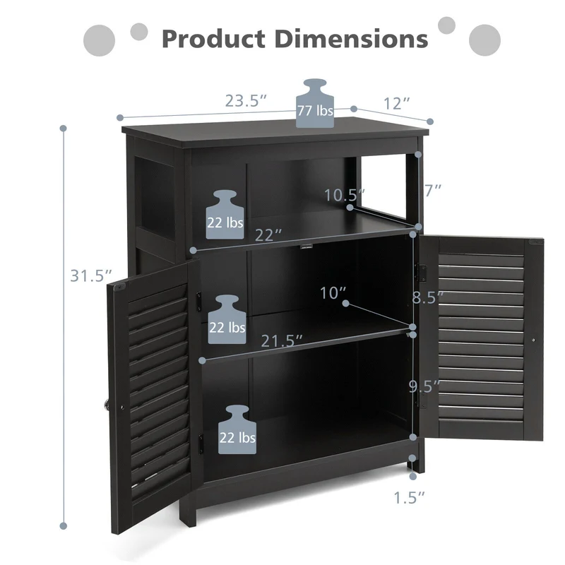 Wood Freestanding Bathroom Storage Cabinet, Double Shutter Door, Black