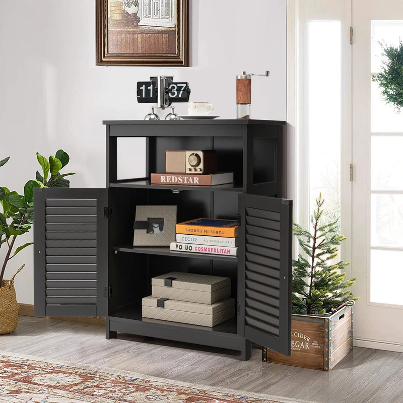 Wood Freestanding Bathroom Storage Cabinet, Double Shutter Door, Black