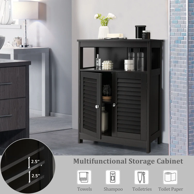 Wood Freestanding Bathroom Storage Cabinet, Double Shutter Door, Black