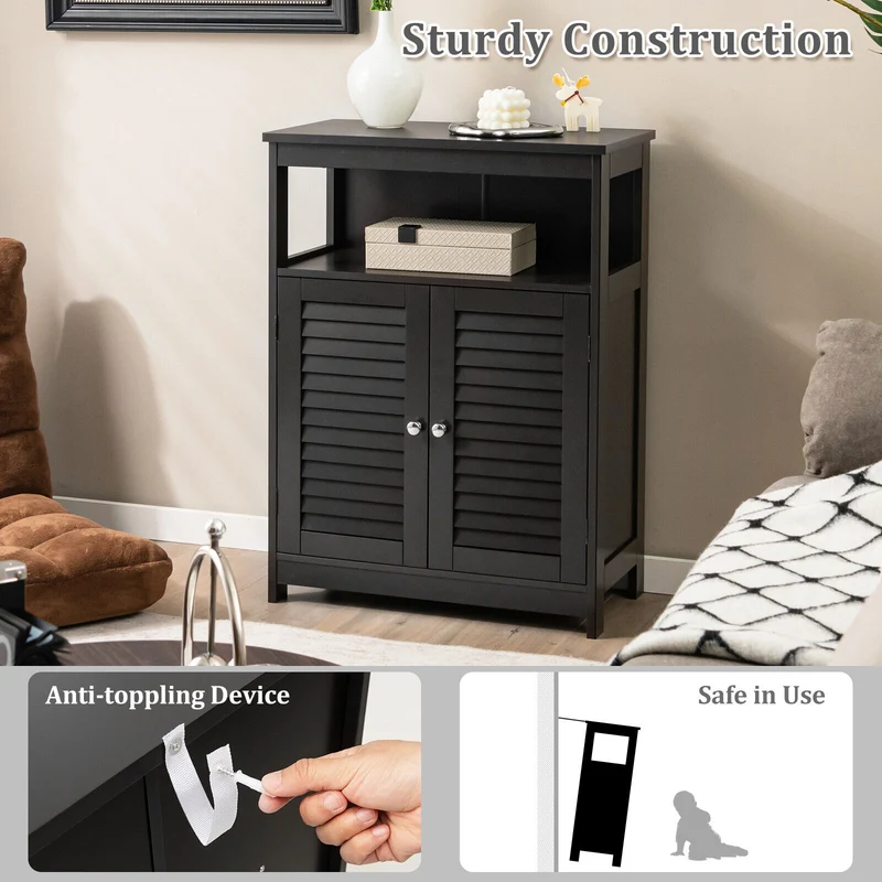 Wood Freestanding Bathroom Storage Cabinet, Double Shutter Door, Black