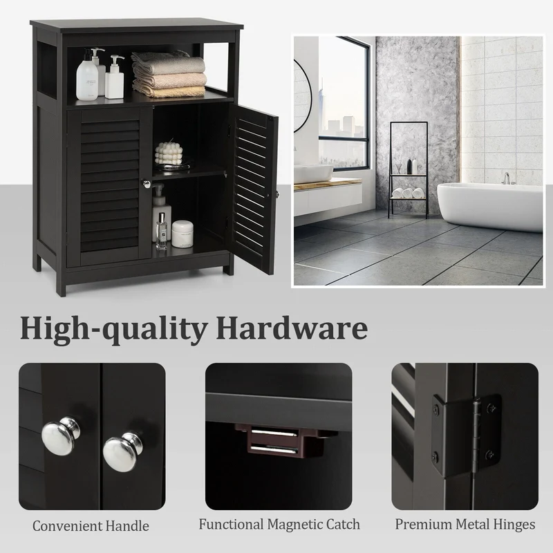 Wood Freestanding Bathroom Storage Cabinet, Double Shutter Door, Black