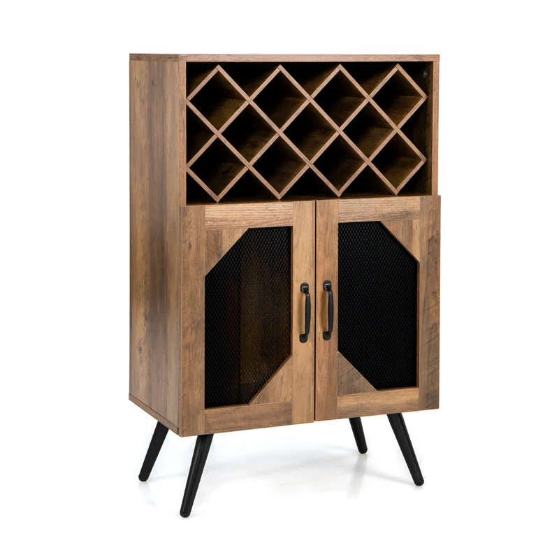 2-Door Farmhouse Kitchen Cabinet, Wine Rack, Glass Holder, Brown