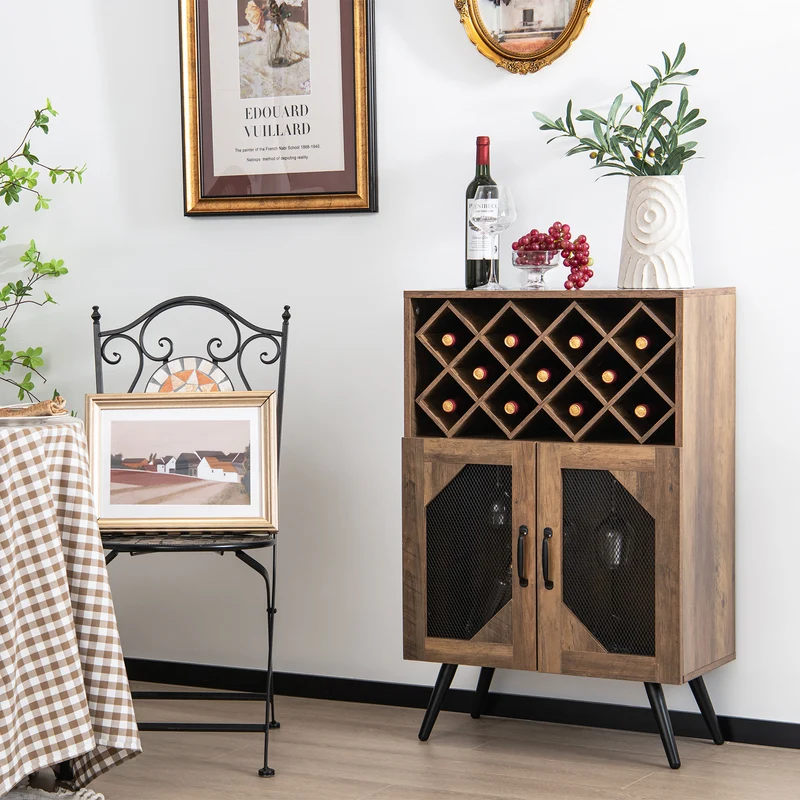 2-Door Farmhouse Kitchen Cabinet, Wine Rack, Glass Holder, Brown