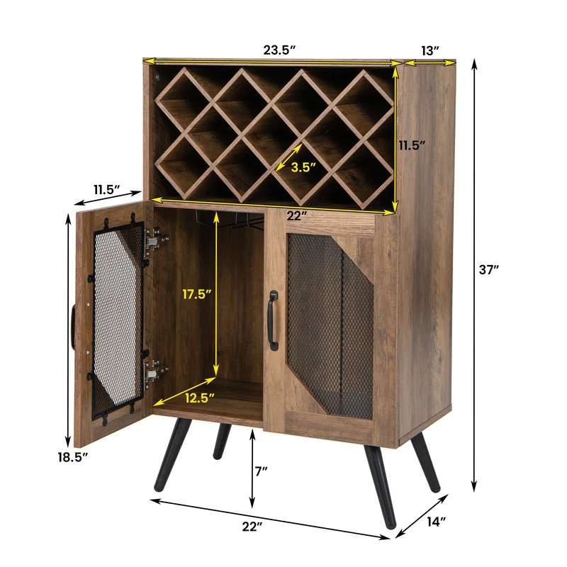 2-Door Farmhouse Kitchen Cabinet, Wine Rack, Glass Holder, Brown