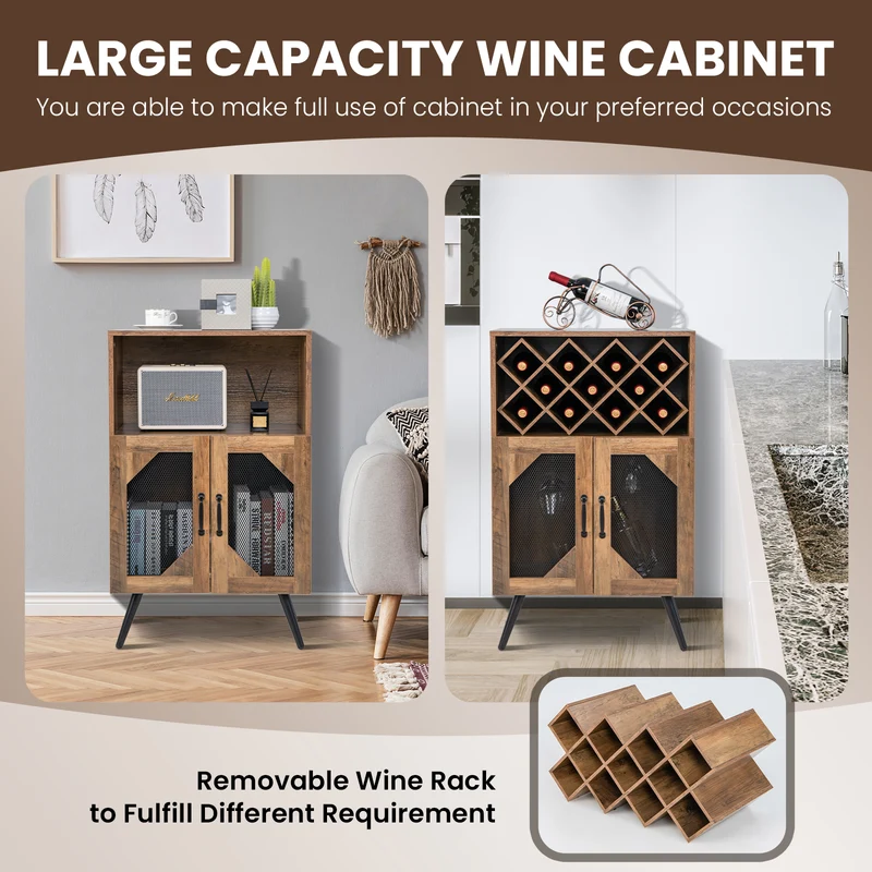 2-Door Farmhouse Kitchen Cabinet, Wine Rack, Glass Holder, Brown