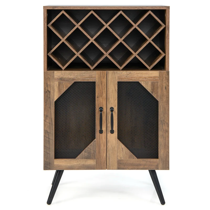 2-Door Farmhouse Kitchen Cabinet, Wine Rack, Glass Holder, Brown