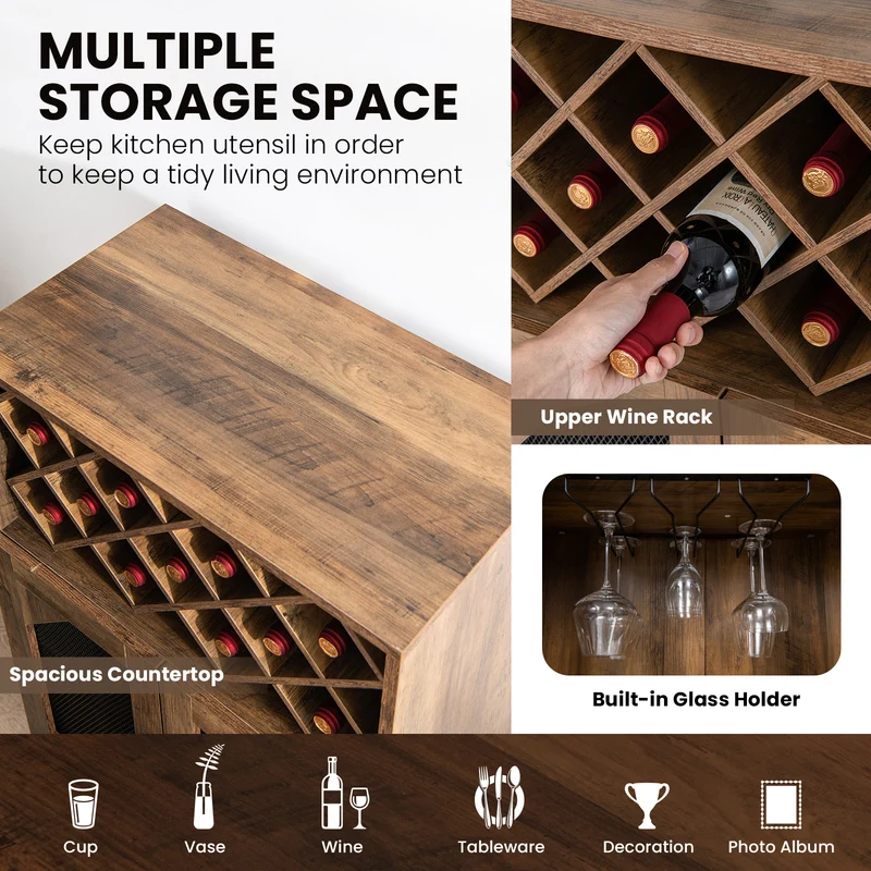 2-Door Farmhouse Kitchen Cabinet, Wine Rack, Glass Holder, Brown