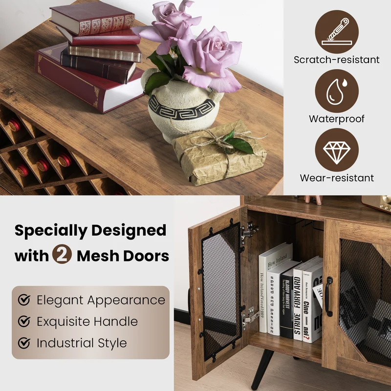 2-Door Farmhouse Kitchen Cabinet, Wine Rack, Glass Holder, Brown