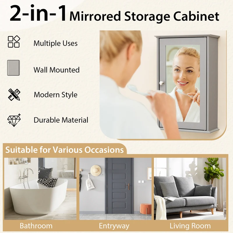 Bathroom Wall Cabinet With Mirror Door, Gray