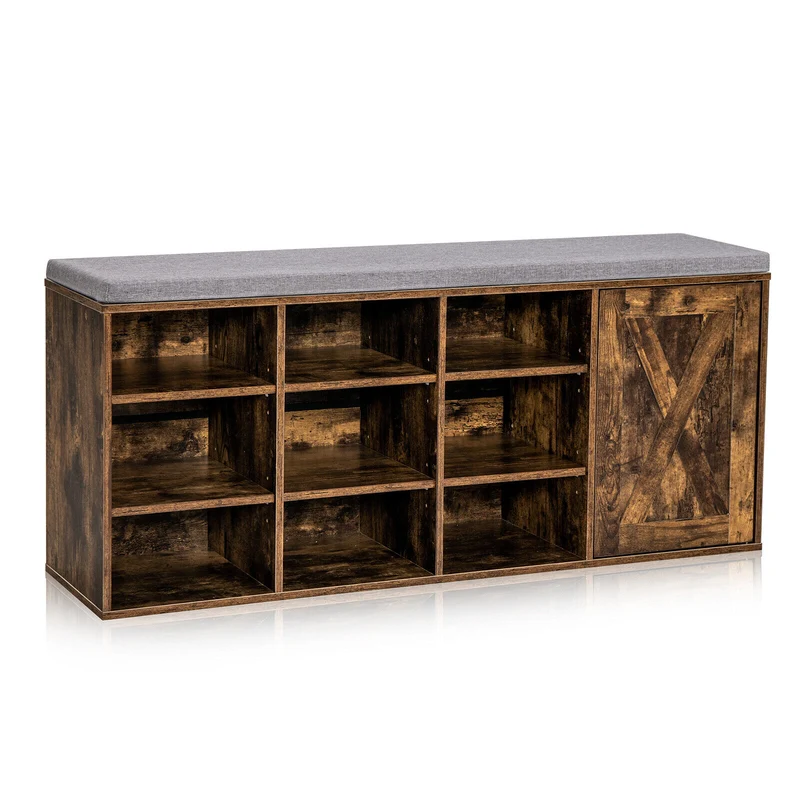 9-Cube Adjustable Storage Shoe Bench, Padded Cushion, Rustic Brown