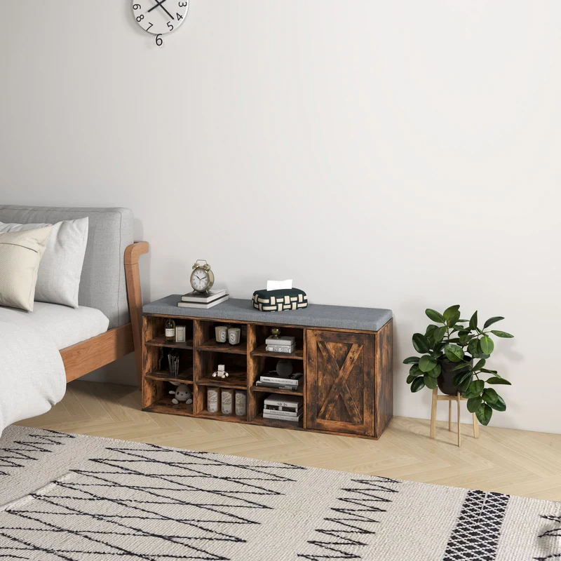 9-Cube Adjustable Storage Shoe Bench, Padded Cushion, Rustic Brown