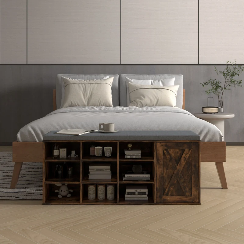 9-Cube Adjustable Storage Shoe Bench, Padded Cushion, Rustic Brown