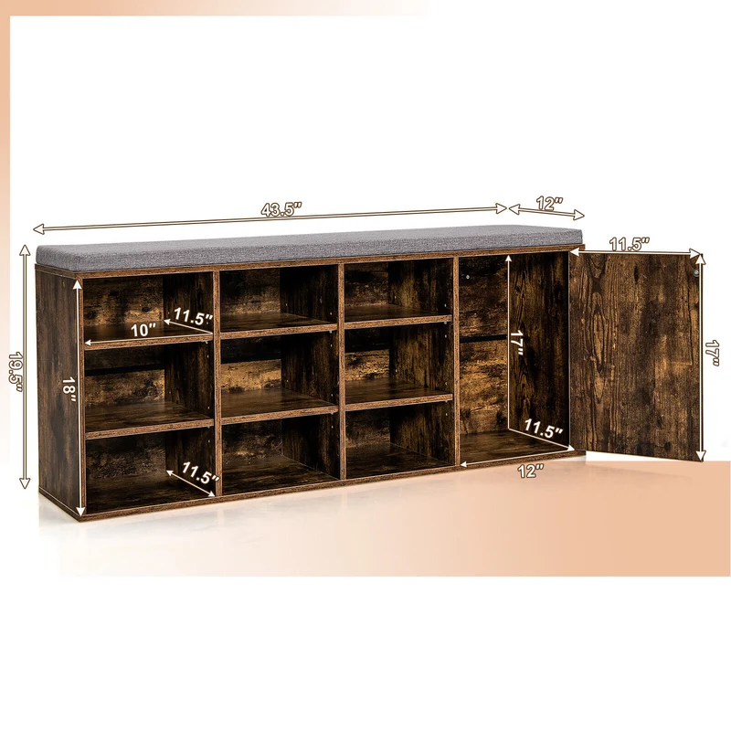 9-Cube Adjustable Storage Shoe Bench, Padded Cushion, Rustic Brown