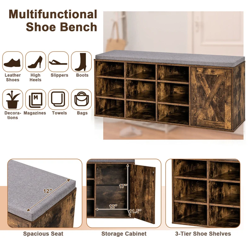 9-Cube Adjustable Storage Shoe Bench, Padded Cushion, Rustic Brown