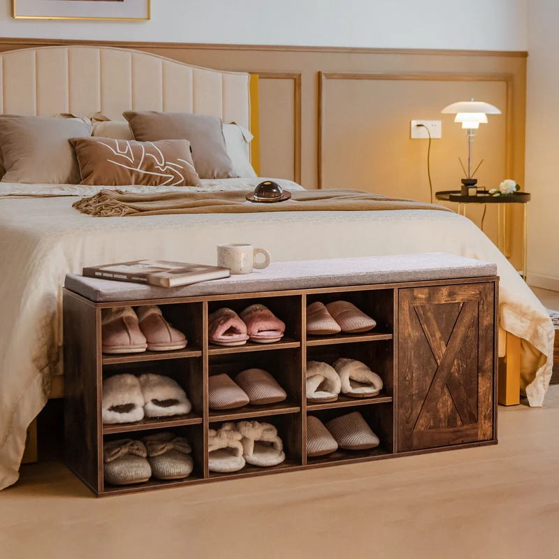 9-Cube Adjustable Storage Shoe Bench, Padded Cushion, Rustic Brown