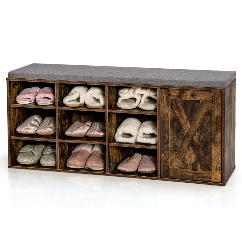 9-Cube Adjustable Storage Shoe Bench, Padded Cushion, Rustic Brown