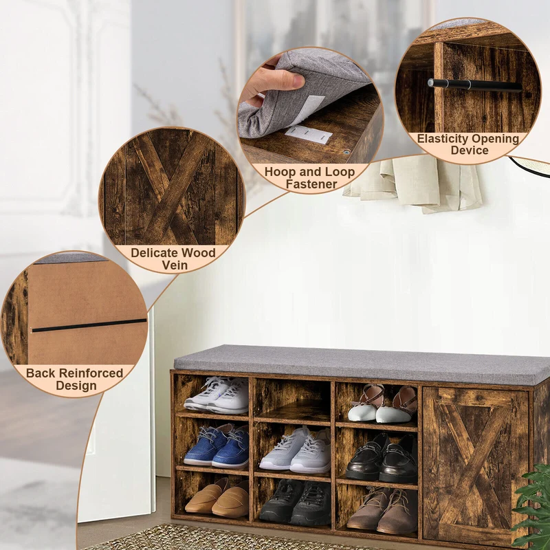 9-Cube Adjustable Storage Shoe Bench, Padded Cushion, Rustic Brown